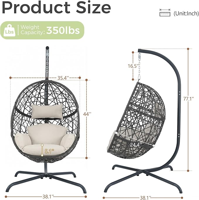 RADIATA Oversized Hanging Egg Chair with Stand Large Indoor Outdoor Swing Chair with Cushion 350lbs Wicker Bird Nest Eggshell Basket Chairs Patio Swinging Hammock Chair for Bedroom Garden Beige