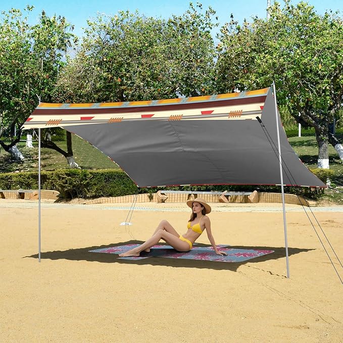 xigua Boho Tribal Aztec Beach Tent Sun Shelter with Carrying Bag - Silver Coated Oxford Fabric Beach Canopy for Beach Camping Fishing - Includes Windproof Ropes Sandbags &amp Stakes