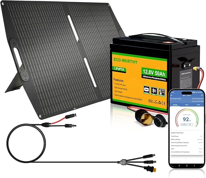 ECO-WORTHY 12V 50Ah LiFePO4 Lithium Battery with 100W Portable Solar Panel Bluetooth 5.0 Low Temp Protection Connects to Car Power Inverter for RV Road Trip Camping Hiking Marine Off Grid Travel