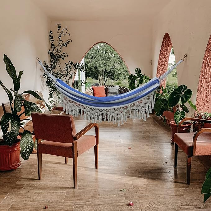 Boho Macrame Hammock with Elegant Tassels for Patio Yard Beach Wedding Decor Outdoor and Indoor Up to 450lbs Include Tie Ropes and Drawstring Bag