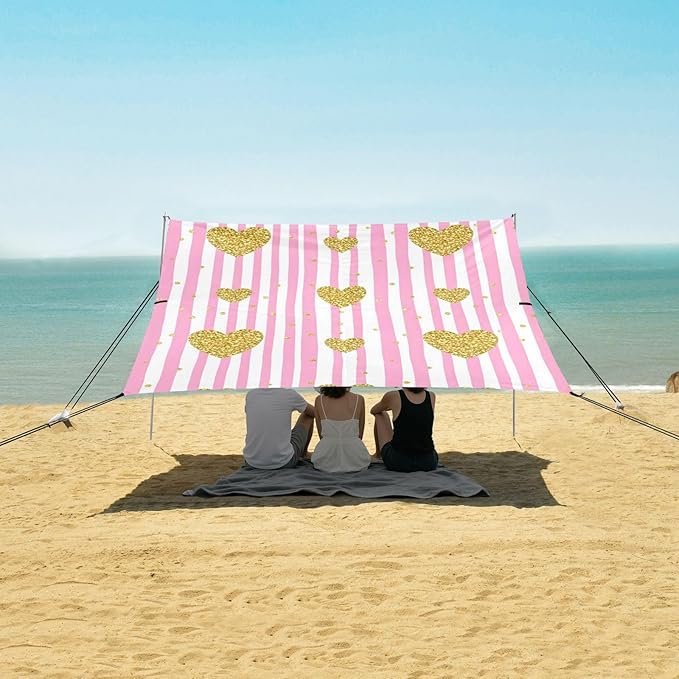 Beach Canopy with Windproof Ropes &amp Sandbags Beach Tent Sun Shade Sun Shelter for Camping Trips Fishing Backyard Fun or Picnics Hearts