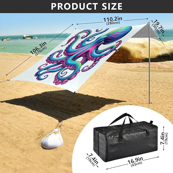 ALAZA Rainbow Octopus Beach Tent Sun Shelter UPF50+ Protection Beach Shade Canopy w/ 4 Sandbags for Outdoor Camping Fishing Backyard Fun Picnic 10x9 ft