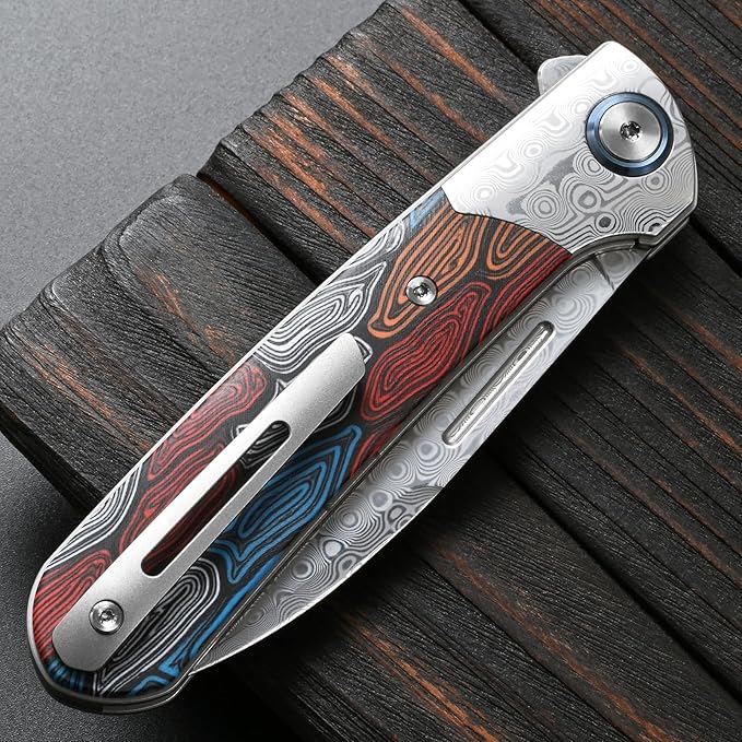 Sitivien ST256 Damascus Steel Folding KnifeDamascus Blade with Colorful G10 Handle EDC Knife for Outdoor CampingHiking Fishing(Color) … …