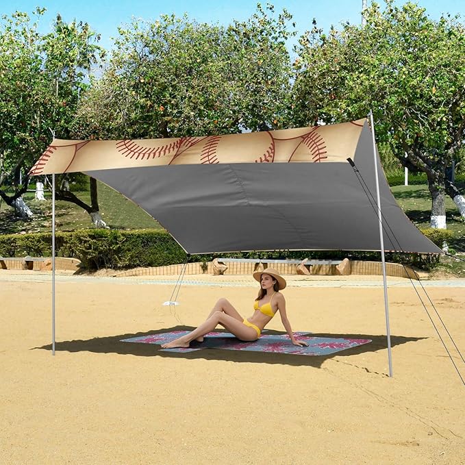 xigua Baseball Beach Tent Sun Shelter with Carrying Bag - Silver Coated Oxford Fabric Beach Canopy for Beach Camping Fishing - Includes Windproof Ropes Sandbags &amp Stakes