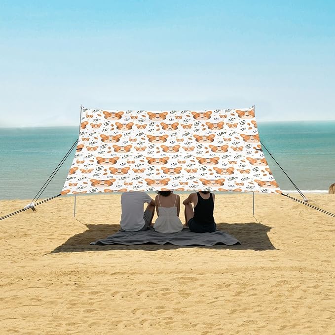 ALAZA Cute Tiger Leaves Cartoon Beach Tent Sun Shelter UPF50+ Protection Beach Shade Canopy w/ 4 Sandbags for Outdoor Camping Fishing Backyard Fun Picnic 10x9 ft
