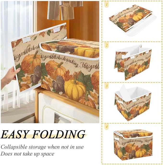Collapsible Storage Bins with Lids Decorative Fabric Storage Cubes Closet Organizer and Storage Basket Boxes Containers for Clothes Box Chest Nursery Folding Rectangle Brown Pumpkin Turkey