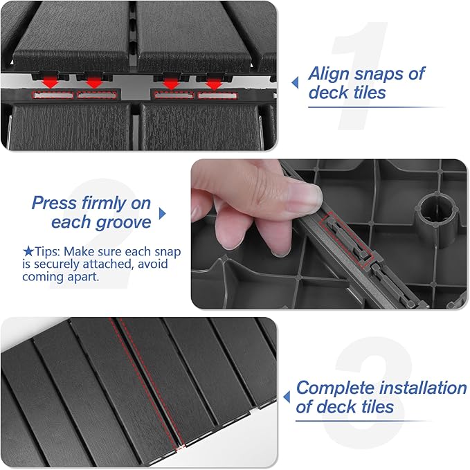 MYFAMIREA 27 Pcs Plastic Interlocking Deck Tiles 12 x 12 Patio Floor Decking Tiles Indoor Outdoor Waterproof Non-Slip Flooring Tile All Weather Use for Balcony Backyard Porch Poolside Dark Grey