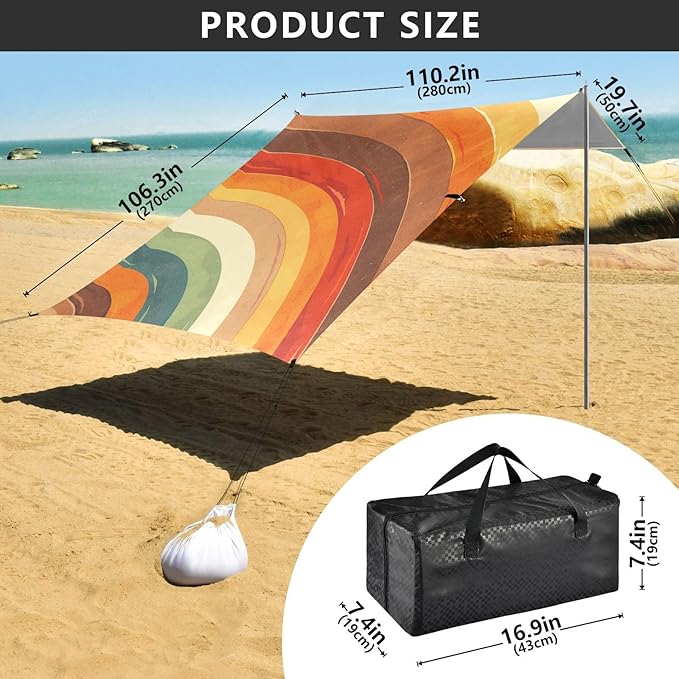 Brown Tie-dye Background Rainbow Colors Tie-dye Pattern Stable Beach Tent UPF50 Easy Setup Large Portable Sun Shelter with Sandbags and Shovel for Camping Picnics Backyard &amp Fishing