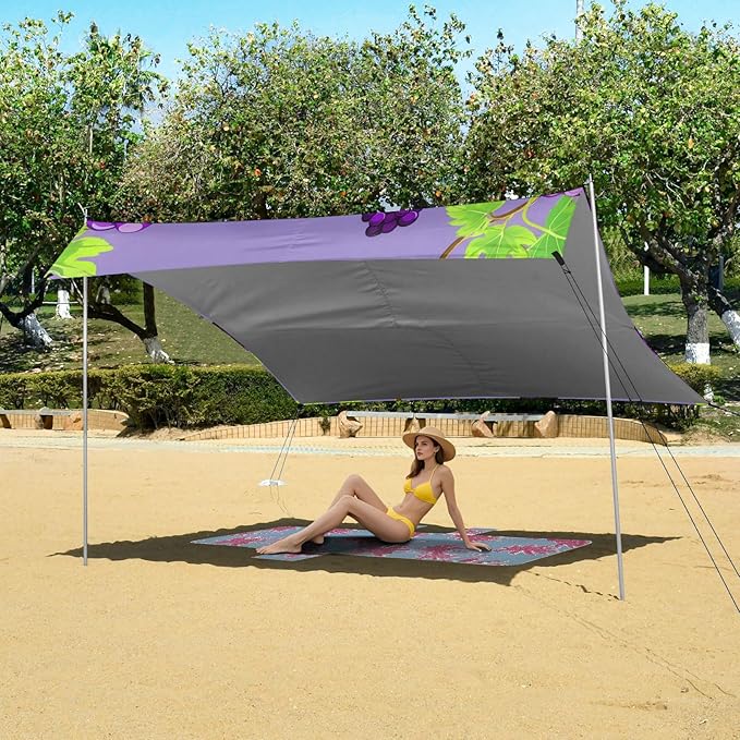 xigua Purple Grape Beach Tent Sun Shelter with Carrying Bag - Silver Coated Oxford Fabric Beach Canopy for Beach Camping Fishing - Includes Windproof Ropes Sandbags &amp Stakes