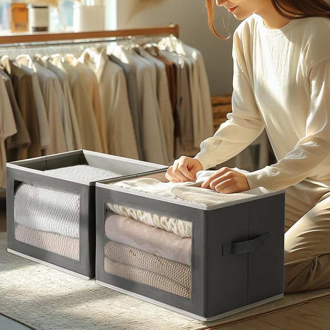 Homsorout Storage Boxes with Lids - 3 Pack Fabric Clear Window Storage Bins Collapsible Storage Bins with Lids Linen Closet Organizer for Clothes Towel Blanket Dark Grey