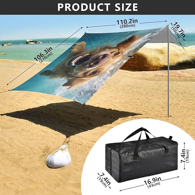 ALAZA Dog Golden Retriever Underwater Beach Tent Sun Shelter UPF50+ Protection Beach Shade Canopy w/ 4 Sandbags for Outdoor Camping Fishing Backyard Fun Picnic 10x9 ft