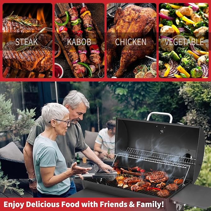 Kendane Barrel Charcoal Grill Large Charcoal Grills with Front and Side Shelf 627 Square Inches Cooking Grid Outdoor BBQ Grill Perfect for Backyard Camping Patio Parties and Picnics