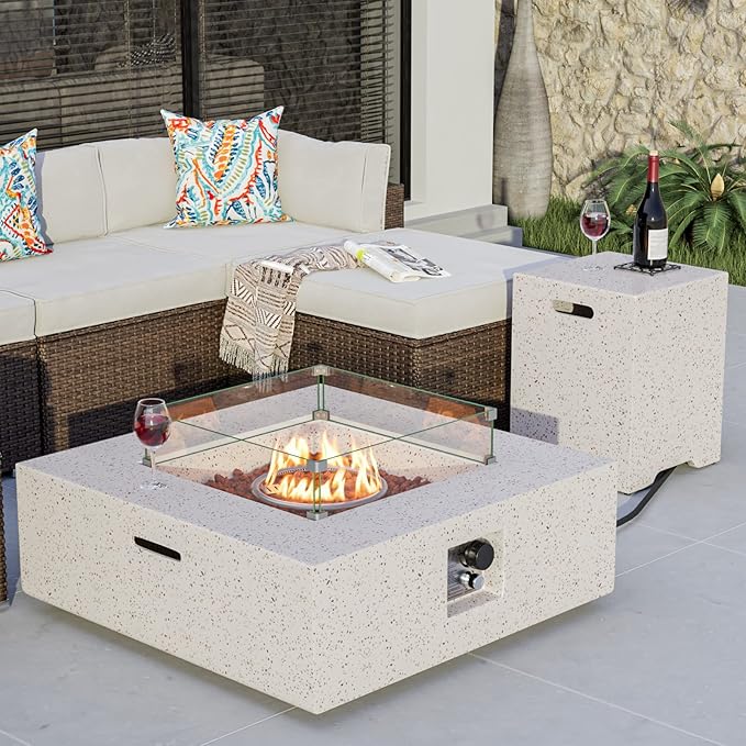 COSIEST 35-inch Square Outdoor Sandstone Propane Fire Pit w Wind Guard and Side Table Certified 50000 BTU Stainless Steel Burner Free Lava Rocks and Rain Cover Metal Lid(Beige)
