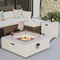 COSIEST 35-inch Square Outdoor Sandstone Propane Fire Pit w Wind Guard and Side Table Certified 50000 BTU Stainless Steel Burner Free Lava Rocks and Rain Cover Metal Lid(Beige)