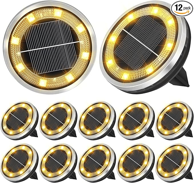 ZAIYW 12 Pack Solar Ground Lights Outdoor Waterproof Pathway Lights Solar Powered Disc Landscape Lighting for Garden Lawn Yard Walkway Deck Decoration (Warm White)