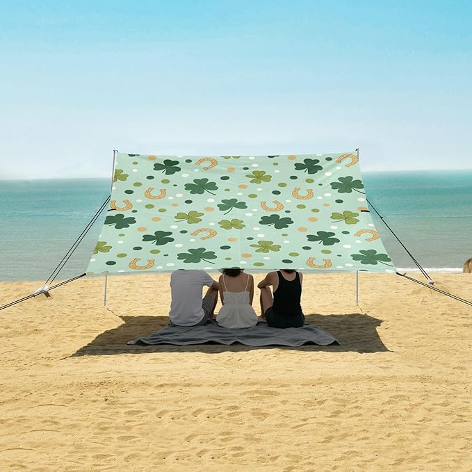 Beach Canopy with Windproof Ropes &amp Sandbags Beach Tent Sun Shade Sun Shelter for Camping Trips Fishing Backyard Fun or Picnics St. Patrick's Day Clover