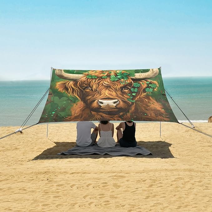 ALAZA Highland Bull Four Leaf Beach Tent Sun Shelter UPF50+ Protection Beach Shade Canopy w/ 4 Sandbags for Outdoor Camping Fishing Backyard Fun Picnic 10x9 ft