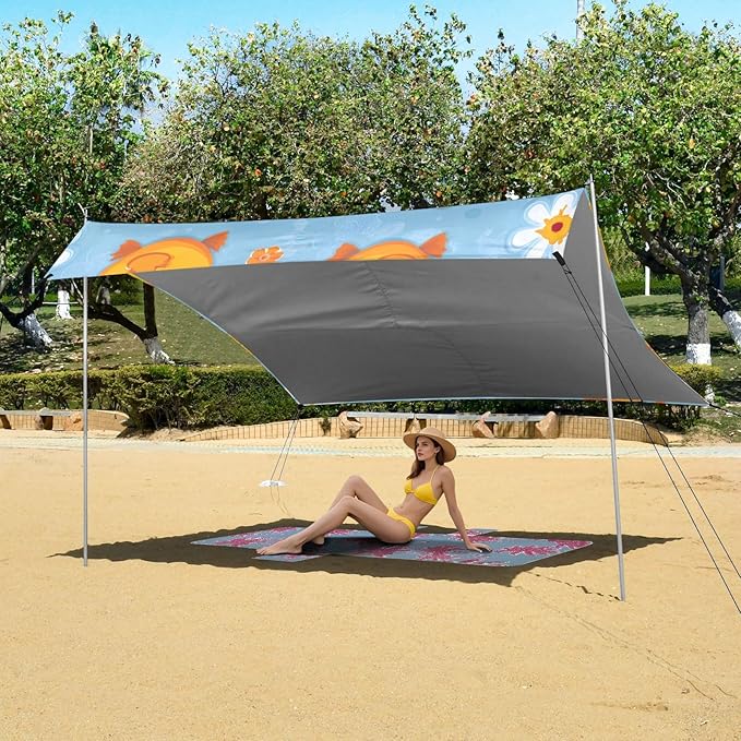 ALAZA Duck Flower Pattern Beach Tent Sun Shelter UPF50+ Protection Beach Shade Canopy w/ 4 Sandbags for Outdoor Camping Fishing Backyard Fun Picnic 10x9 ft