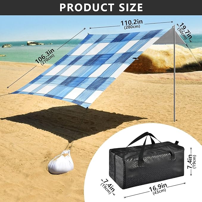 Cornflowerblue Checked Hand-Drawn Sketch Foldable Beach Canopy UPF50+ Lightweight Large Portable Sun Shelter with Sandbags Sand Shovel Poles for Camping Picnics Backyard