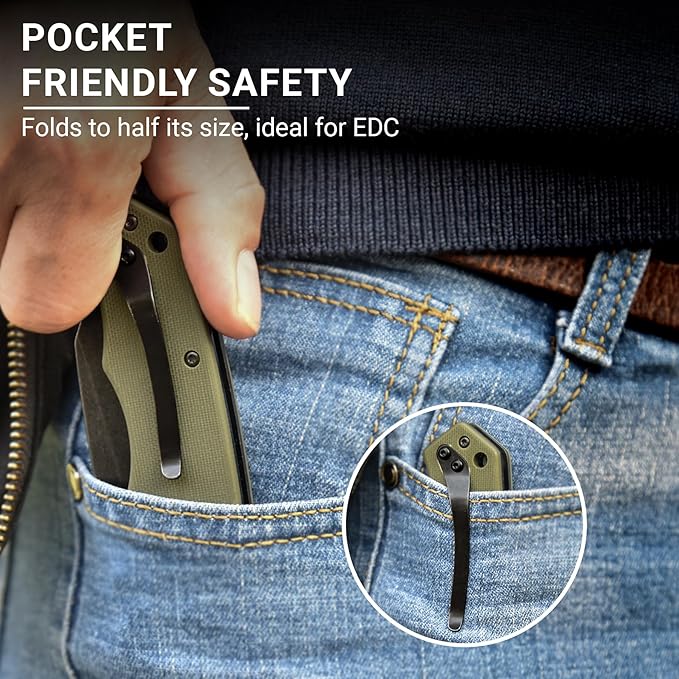 Pocket Knife - 3.39 EDC Knife D2 Blade Black Stonewashed Finish Folding Knife - G10 Handle with Thumb Stud - Pocket Knife for Men Women - Camping Hiking Survival Knife