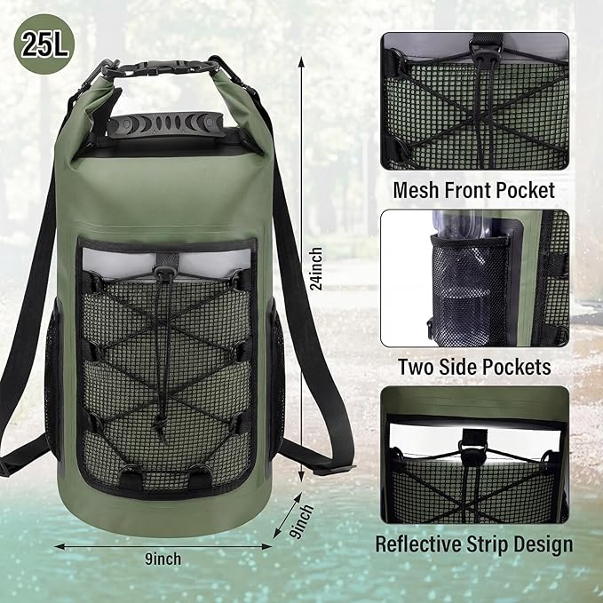 Pimoys Dry Bag 25L Waterproof Backpack Roll-Top Dry Bags Kayak Outdoor Travel Bag for Boating Kayaking Camping Fishing Hiking Rafting(Forest Green