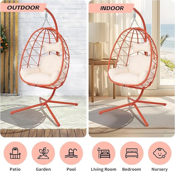 Hanging Egg Chair with Stand Outdoor Indoor Patio Rattan Swing Hammock Chairs with Washable Cushion PE Wicker Swing Chair for Backyard Bedroom Garden (Orange Red +White Cushion No Footrest)