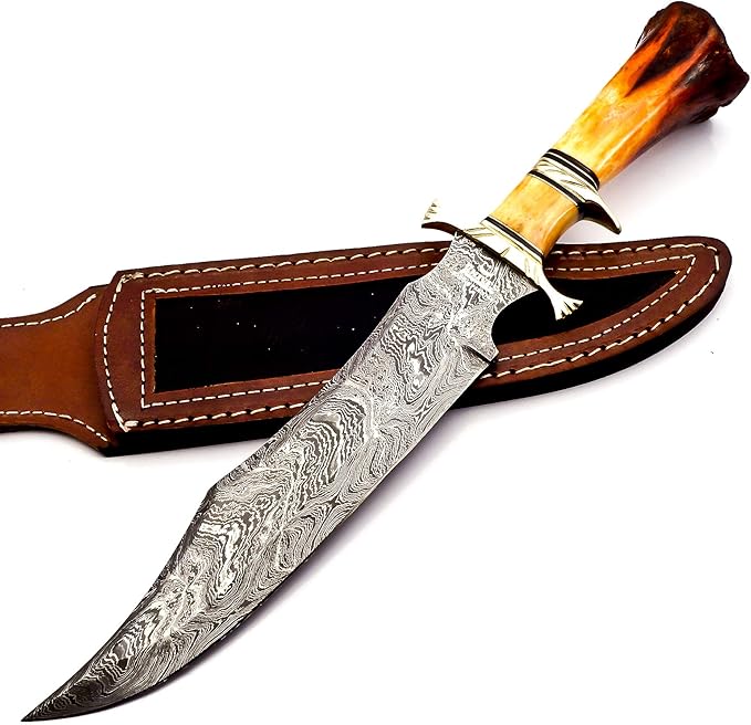Hand Made Damascus Steel Collectible Bowie Knife Handle Camel Bone (Red)