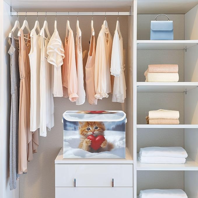 AIXIWAWA Lidded Storage Cube (Cat with Heart) Fabric Foldable Closet Bins with Flip Lid and Handles Organizer Basket Container 16.5 x 12.6 x 11.8 IN