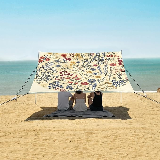 Spring Flowers Daffodil Iris Succulent Plants Beige Foldable Beach Canopy UPF50+ Protection Water-Resistant Sun Shelter with Sandbags &amp Sand Shovel for Backyard and Camping