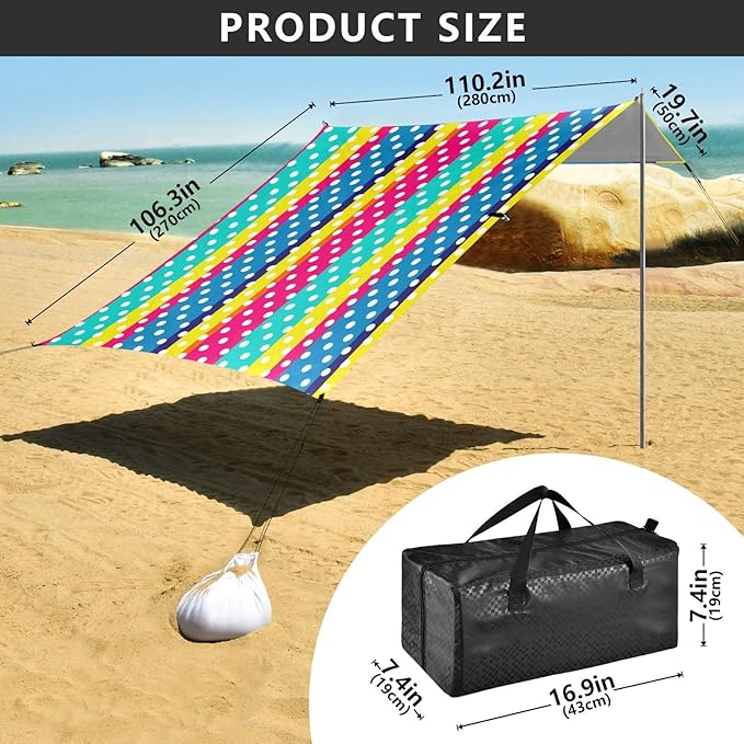 Beach Canopy with Windproof Ropes &amp Sandbags Beach Tent Sun Shade Sun Shelter for Camping Trips Fishing Backyard Fun or Picnics Stripes