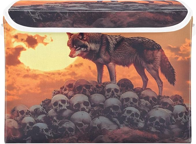 AIXIWAWA Lidded Storage Cube (Wolf on Skulls) Fabric Foldable Closet Bins with Flip Lid and Handles Organizer Basket Container 16.5 x 12.6 x 11.8 IN