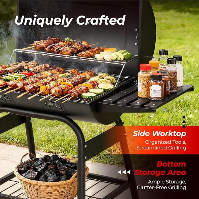 VINGLI Upgraded Barrel Charcoal Grill with 2 Sides Table BBQ Grill Outdoor Smoker with Wheels for Party Garden Patio and Backyard Cooking 39''D × 24''W × 46''H (Upgraded Grill w/Side Table)