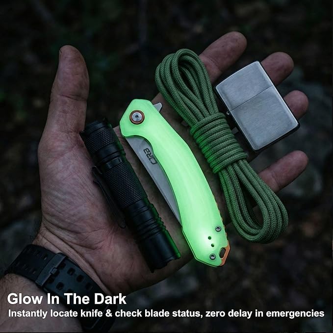 CJRB Gobi G10 Glow in the Dark Handle Folding Pocket Knife 3.5'' AR-RPM9 Steel Blade Manual EDC Knife with Liner Lock for Outdoor Camping Hiking Fishing(J1906-GD)