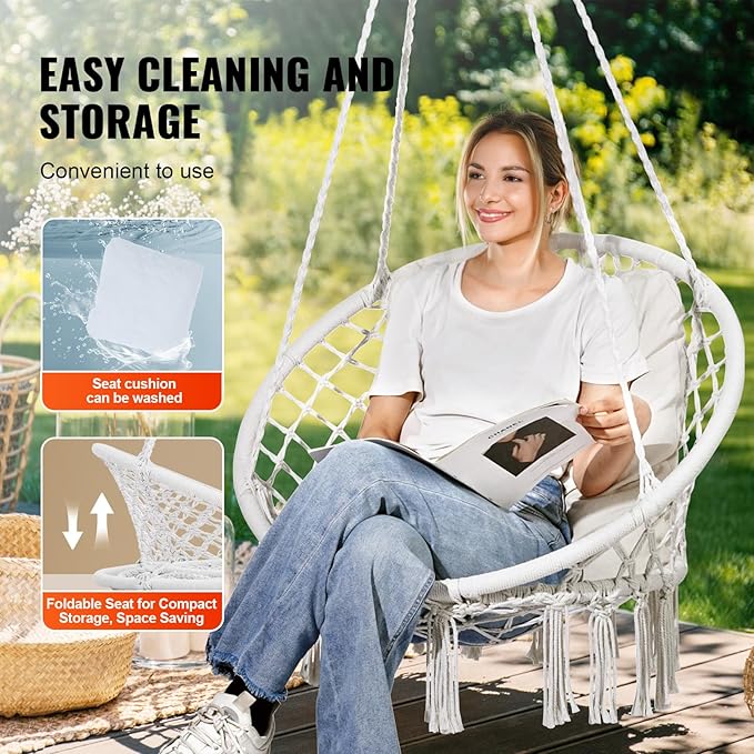 VEVOR Hanging Hammock Swing Chair 330 lbs Capacity Macramé Hanging Chair with Cushion and Mounting Hardware Cotton Rope Swing Chair for Bedroom Balcony Patio Garden White