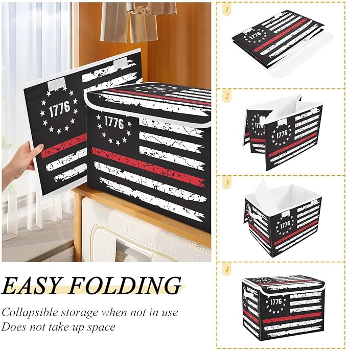 1776 Distressed American Flag Usa Black Storage Boxes with Lids Foldable Clothing Storage Large Stackable Storage for