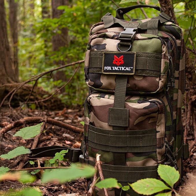 FOX OUTDOOR PRODUCTS Medium Transport Pack | 29L Tactical Backpack with Organizer Pockets MOLLE Webbing &amp Hydration Sleeve Woodland Camo