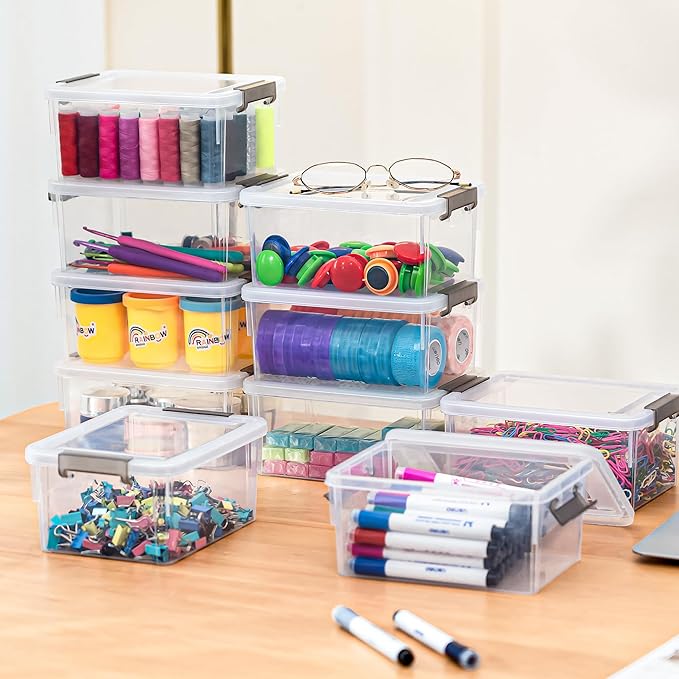 Anywish 8 Packs Small Storage Bins 1.3 QT Plastic Storage Container Stackable Box with Lids for Organizing Clear White