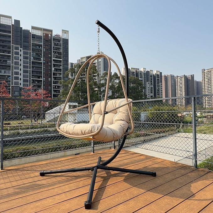 Foldable Rattan Egg Hanging Chair with Stand for Indoor and Outdoor Relaxation Featuring Removable Safety Rail and Convenient Cup Holder with Included Comfort Cushions