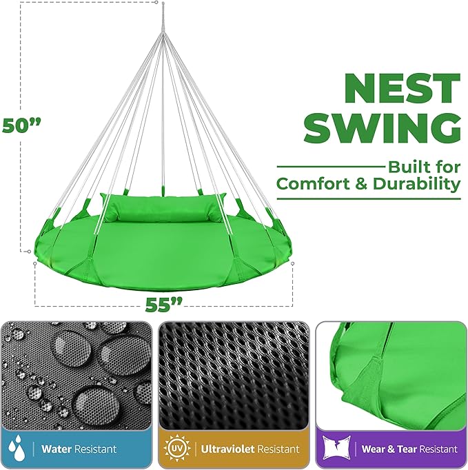 Sorbus 56 Stylish Hanging Swing Nest - Premium Cotton Double Hammock Daybed Saucer Swings Lounger - 264lbs Spinner Swing w/Pillow - Easy Setup Sturdy Tree Swing - for Indoor/Outdoor Travel - Green