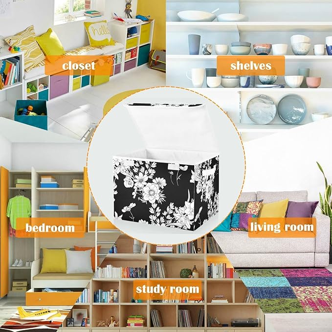 CaTaKu Large Fabric Storage Bins With LidsBlack and White Flower Storage Boxes With Handles for Organizing Clothes Collapsible Storage Cube Bins Baskets for Shelves