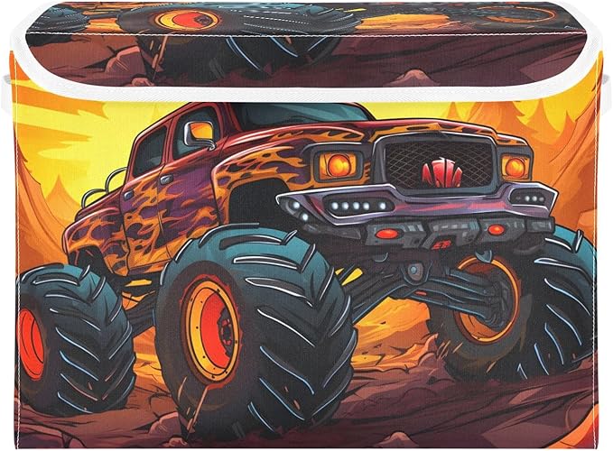 Vnurnrn Monster Truck Sports Storage Cube with Lid Collapsible Large Capacity Foldable Storage Basket Bin Organizer 16.5×12.6×11.8 IN