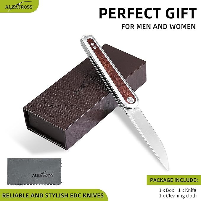 ALBATROSS Refined Choice Men's Women's Folding Pocket Knife 3.3 Satin D2 Blade Silver Aluminum &amp Wood Inlay Reversible Clip Artisan EDC Fathers Day Mothers Day Gifts