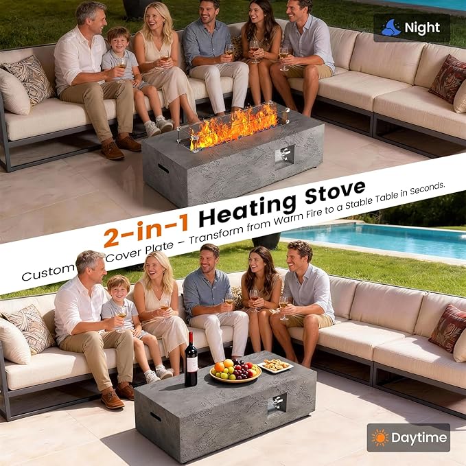 SUNPEAK 42 Rectangular Propane Fire Pit table 50000 BTU Fireplace Table with Wind Guard Lid Rocks and Cover - Fire Pits &amp Outdoor Fireplaces - Gas Fire Pits for Outside Patio (Concrete Stone