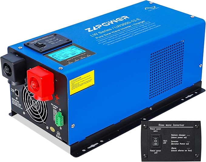 ZLPOWER 3000W 12V Pure Sine Wave Inverter 9000W Surge Single Phase 120V AC Output Off-Grid Low Frequency Inverter with LCD Display &amp Battery Charger for Home RV (LW-3000W-12V-SINGLE)
