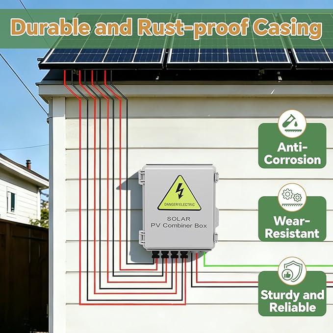 4 String Solar Combiner Box IP65 Waterproof PV Combiner Box for On/Off Grid Solar Systemwith Lightning Arrester 15A Rated Current Fuse &amp 63A Circuit Breaker(Plastic)