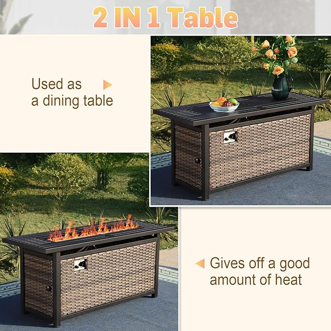 Sophia &amp William 56 Inch Gas Fire Pit Table Outdoor Rattan Propane Fire Table &amp Fireplace with Fire Glass Lid 50000 BTU Firepits for Outside Patio