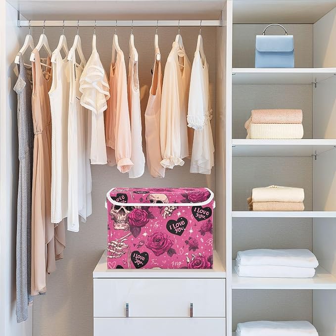 Valentine Skull Roses Pink Storage Box with Lid 1 PC Foldable Storage Bin with Lids Stackable Storage Bins Cube Closet Organizer Basket with Flip-Top Lid &amp Handles for Shoes Books Towels