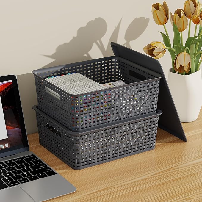 13 Quart Plastic Storage Baskets with Lid Weave Organizing Bins Gray 6 Packs