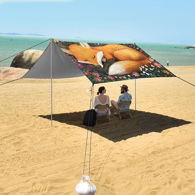ALAZA Fox Sleeping Flowers Beach Tent Sun Shelter Portable Canopy Sunshade for Outdoor Camping Picnics Backyard Fun 10x9 ft