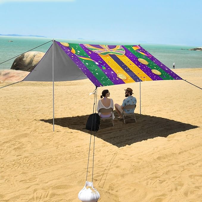Mardi Gras Carnival Tie Coin Beach Cabana UPF50+ Protection Easy Setup Large Portable Sun Shelter with Sand Pockets for Backyard and Camping